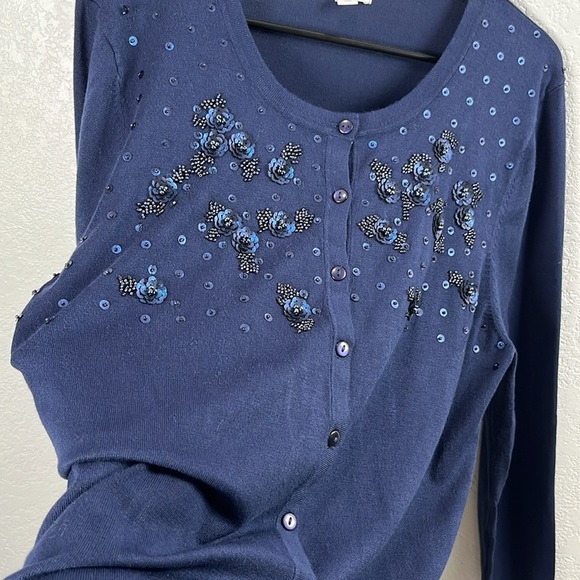 Charter Club Cardigan Navy Blue Sequin Floral Front Round Neck Buttons Size XXL - Picture 7 of 9